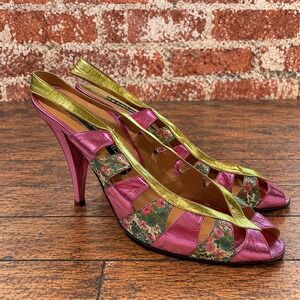 Vintage 80s Maud Frizon Paris Metallic Floral Peep Toe Slingback Heels 38.5